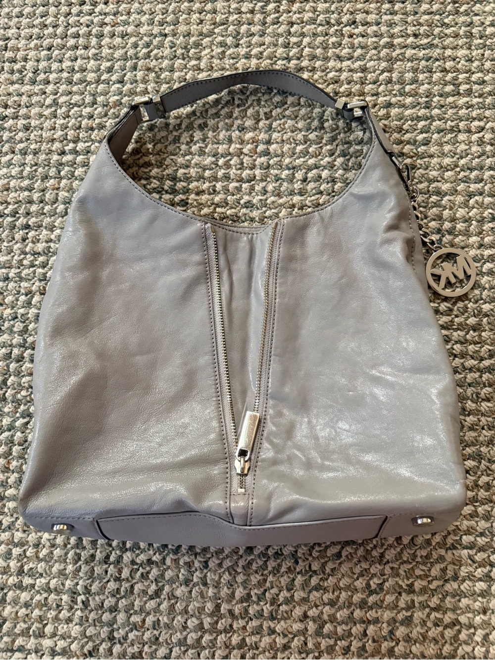 Michael Kors Light Grey Leather Shoulder Hobo with MK Charm - Picture 2 of 5